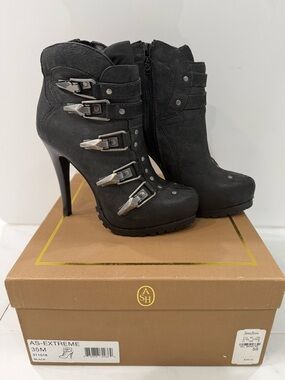 ASH Black Leather Buckle Stiletto Ankle Boots